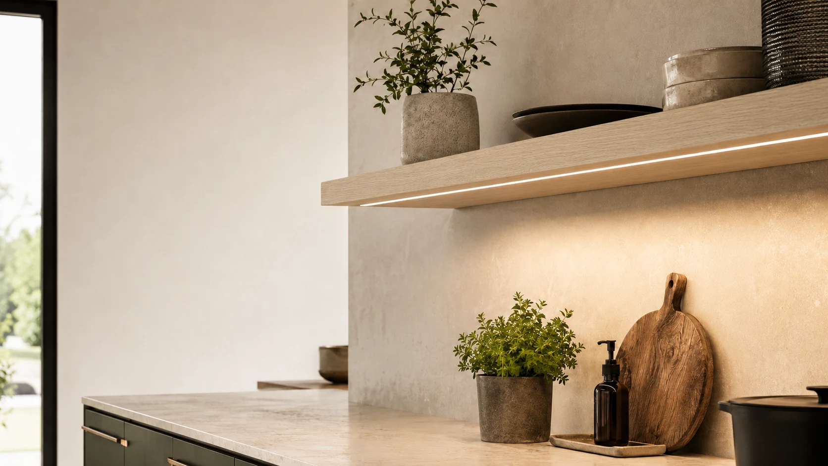 Ledverlichting verzonken in de onderzijde van een eiken wandplank
