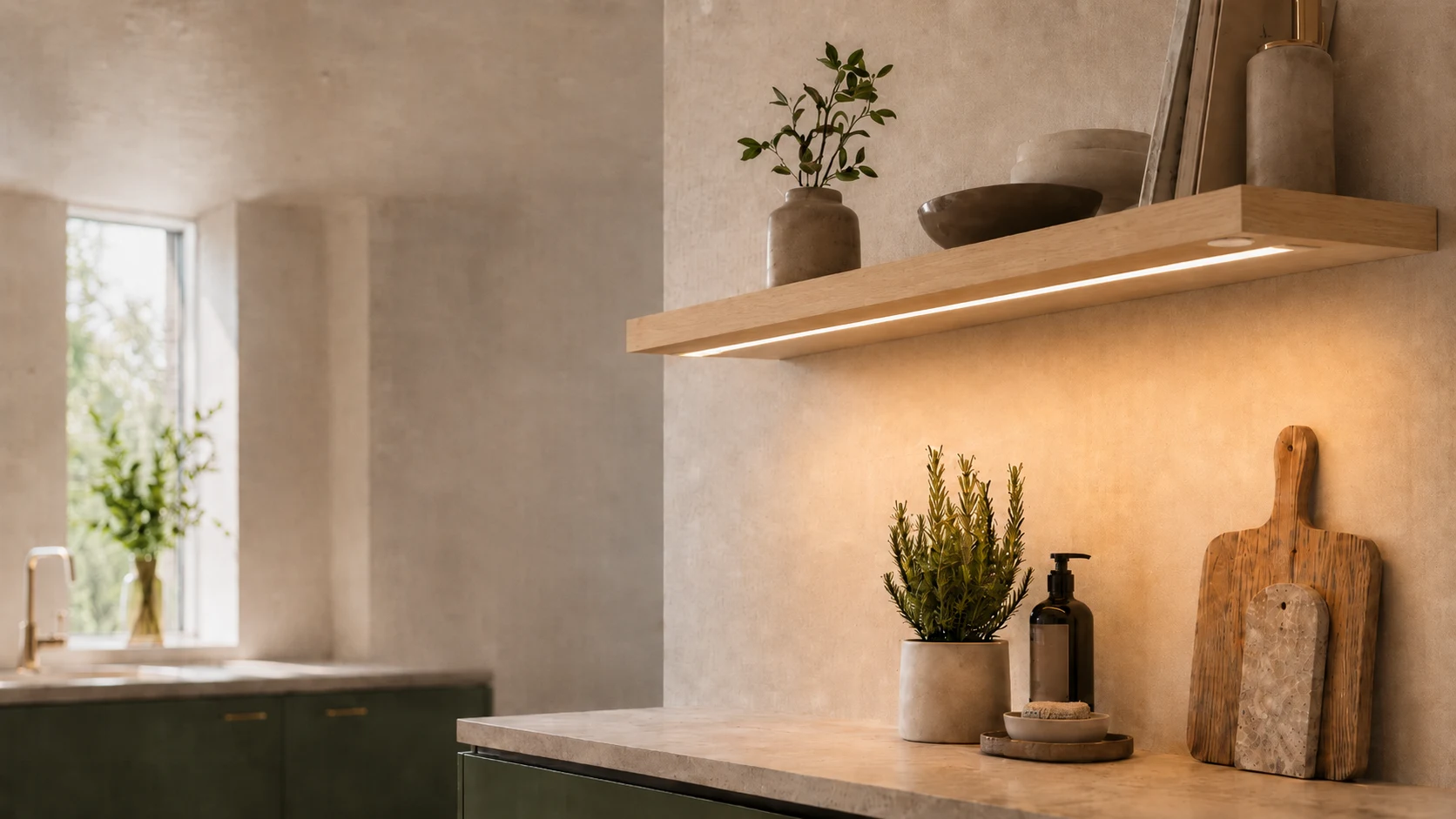 Eiken wandplank op maat in een keukeninterieur
