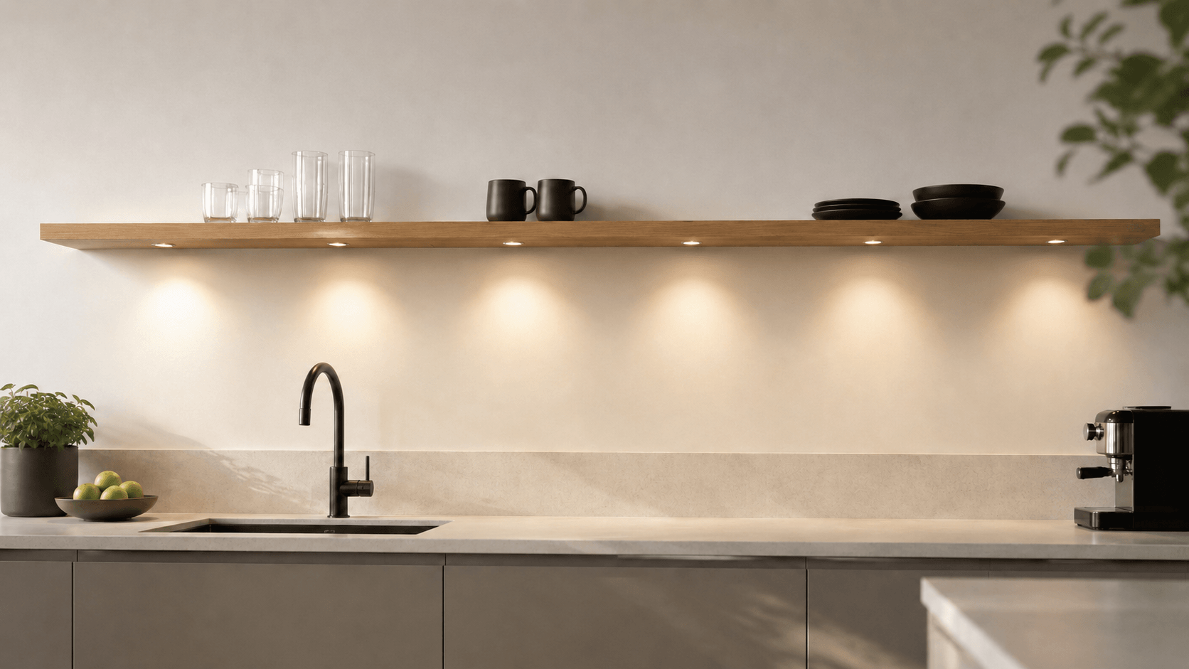 Eiken wandplank met geïntegreerde verlichting in een moderne keuken