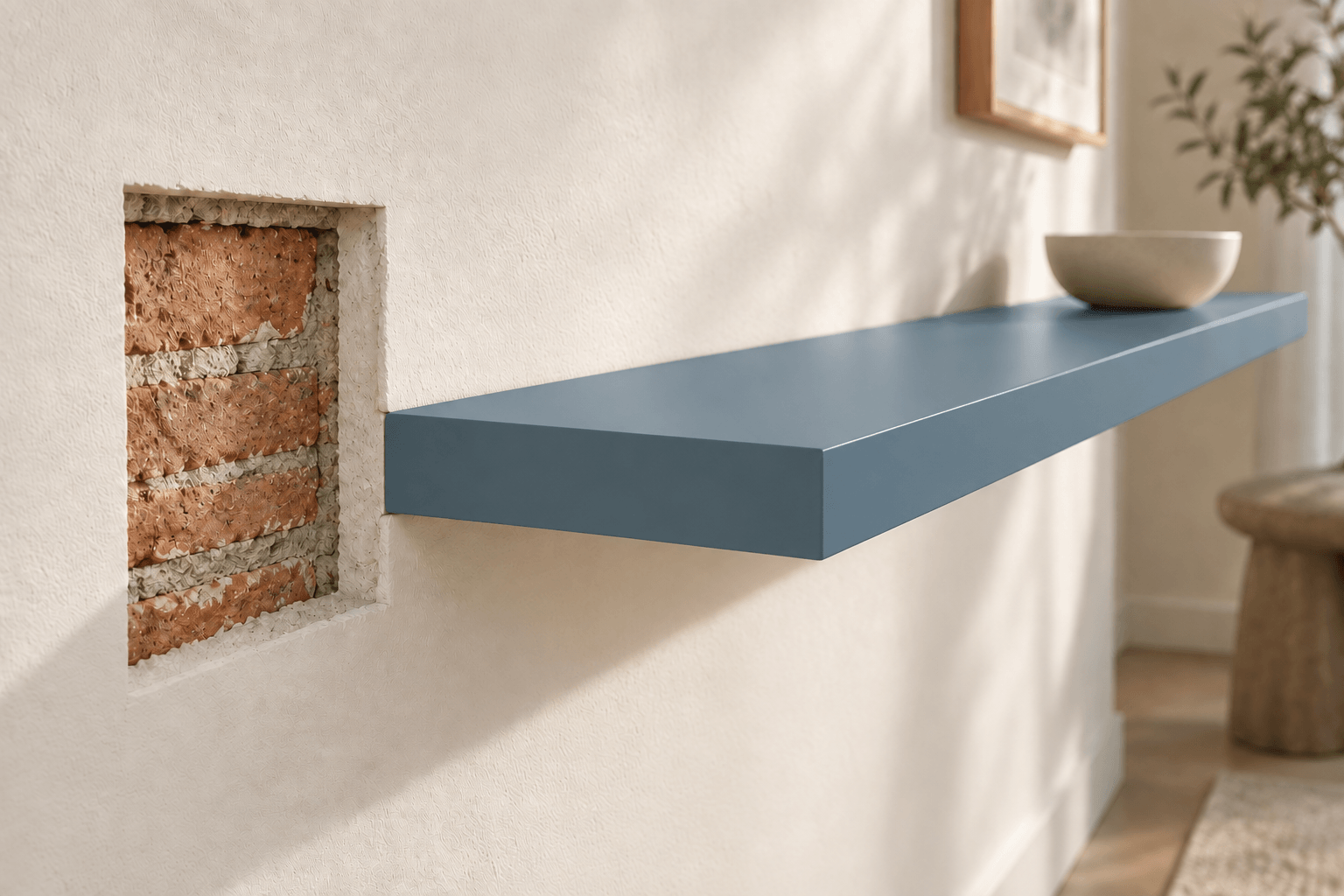 Blauwe zwevende wandplank met zichtbaar metselwerk in de wand