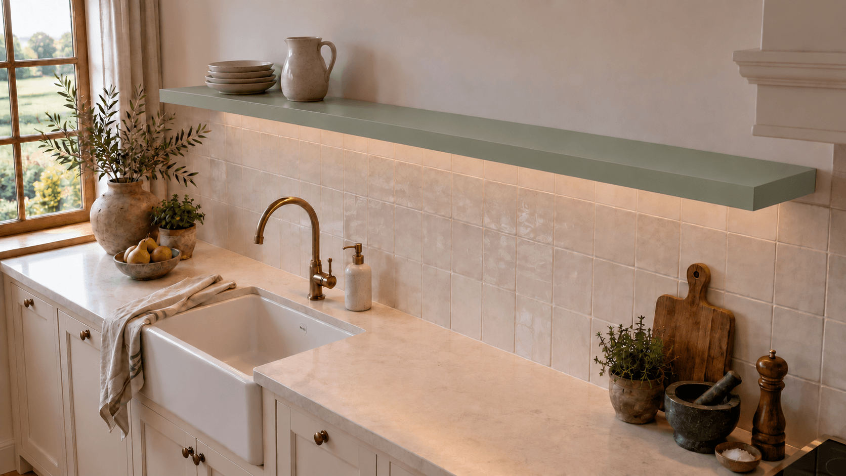 Wandplank boven het aanrecht in een keuken