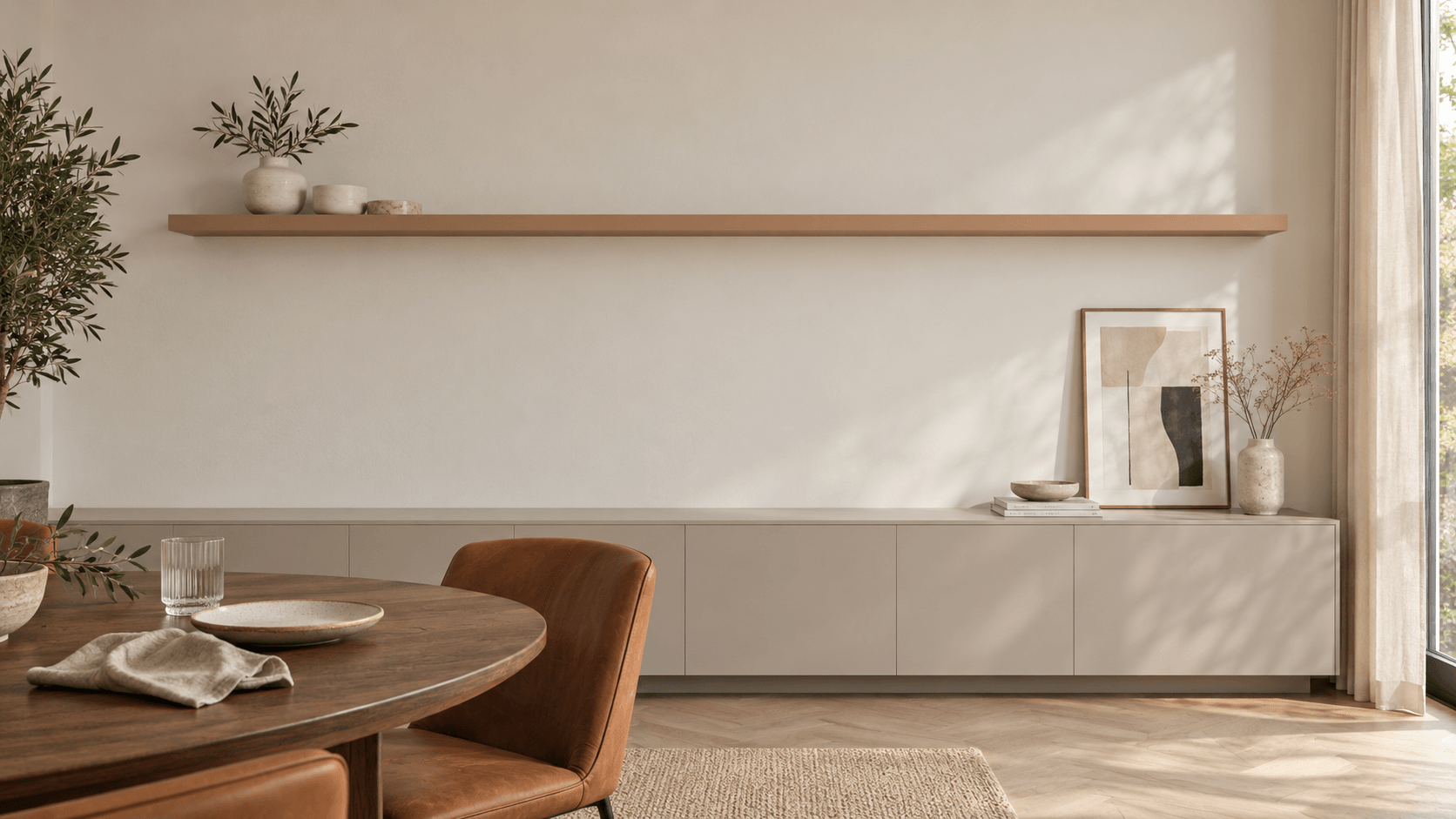 Lange zwevende wandplank boven een dressoir in een lichte woonkamer